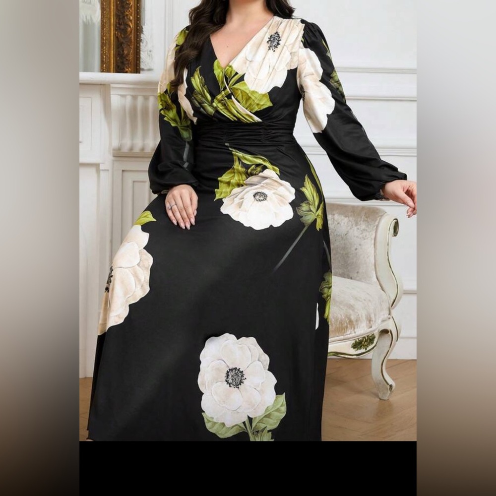 Elegant Black Floral Long Sleeve Dress